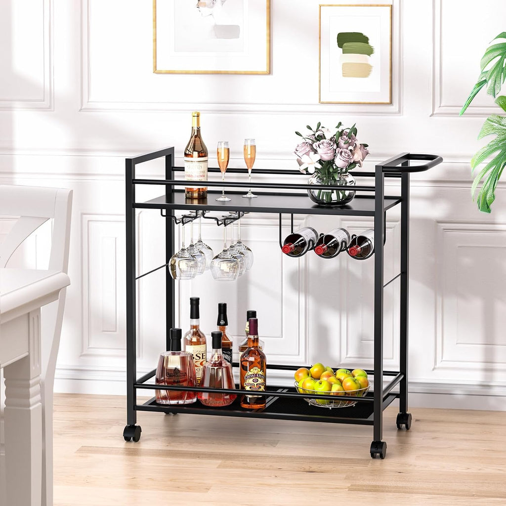 Bar Cart 2 Tier Rolling Beverage Cart Black