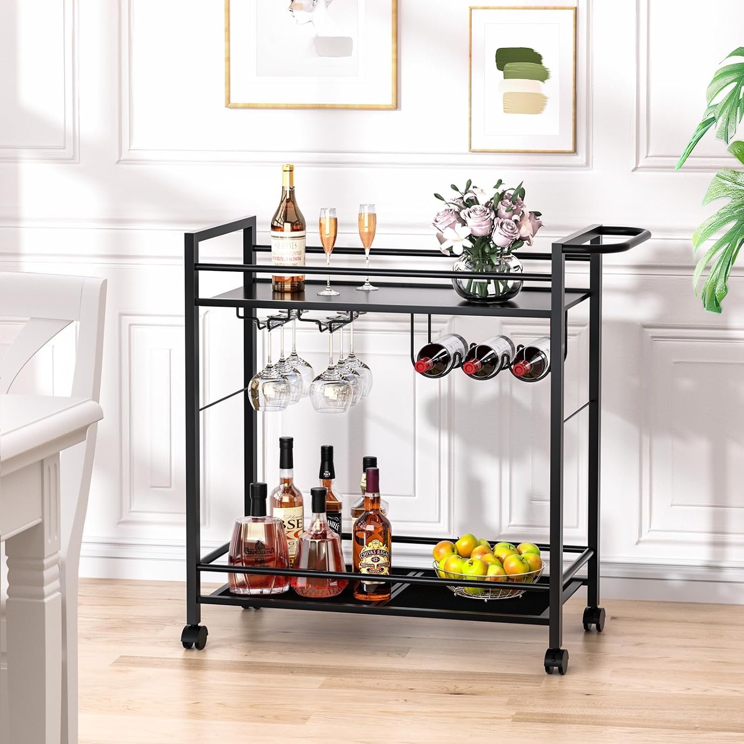 Bar Cart 2 Tier Rolling Beverage Cart Black
