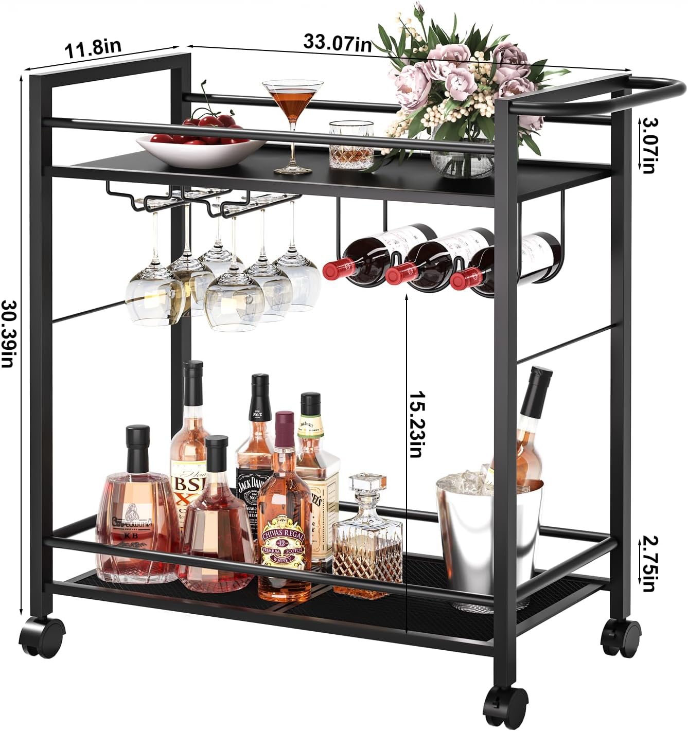Bar Cart 2 Tier Rolling Beverage Cart Black