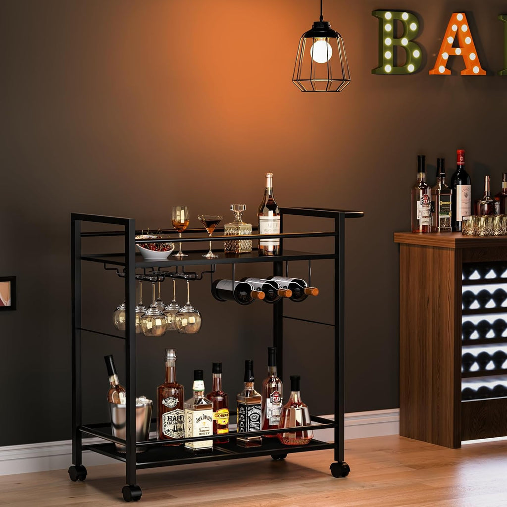 Bar Cart 2 Tier Rolling Beverage Cart Black