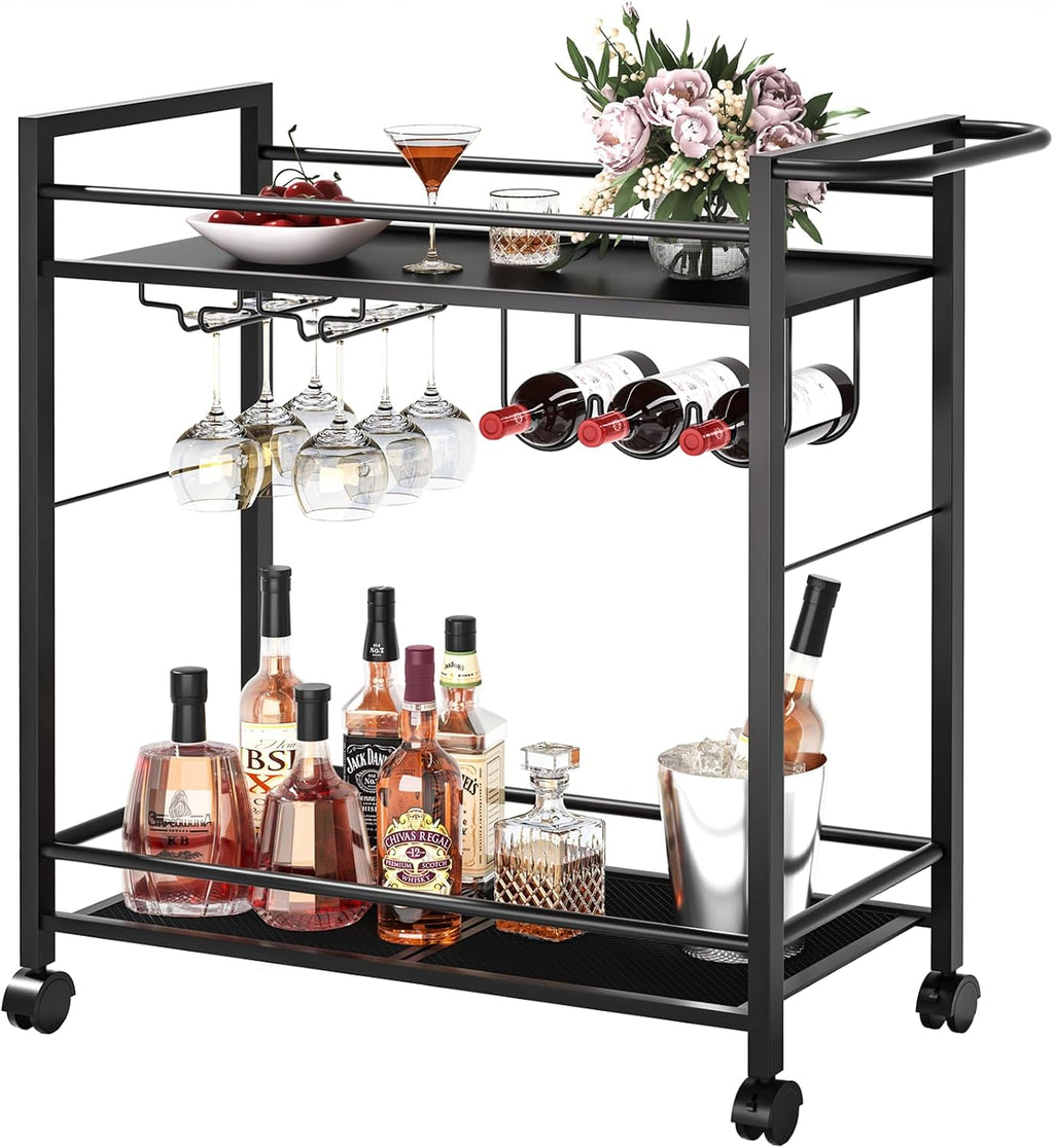 Bar Cart 2 Tier Rolling Beverage Cart Black