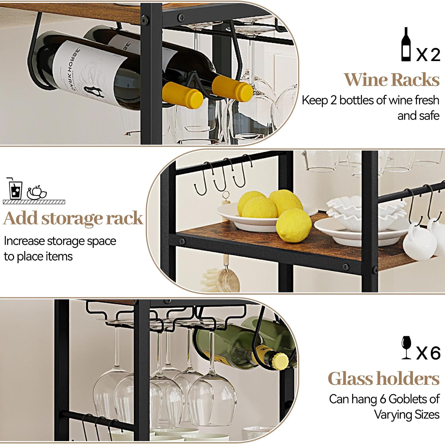 Bar Cart 3 Tier Kitchen Carts Rustic Brown