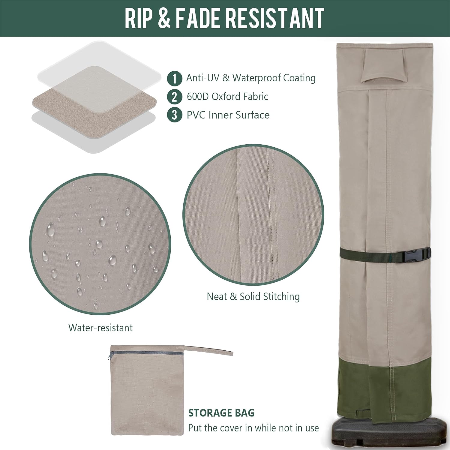 600D Patio Umbrella Cover Khaki‑Green