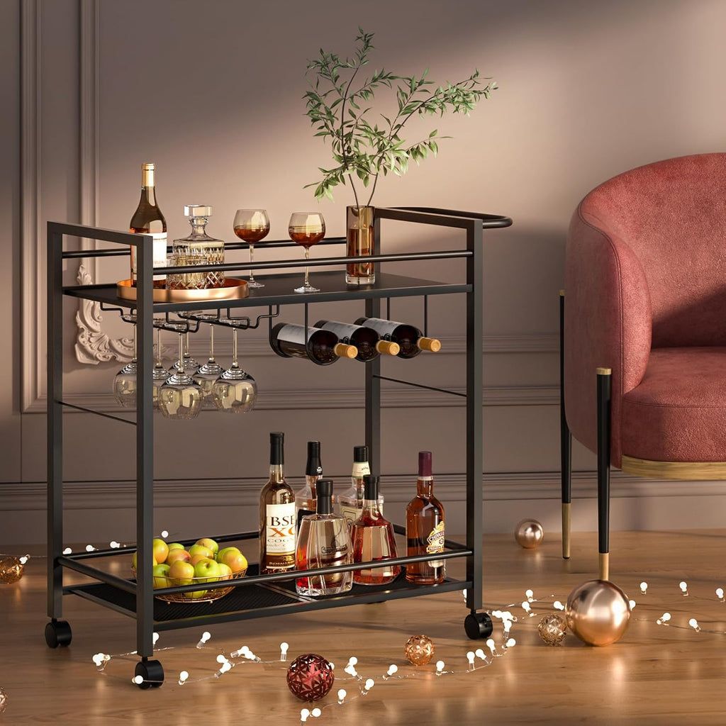 Bar Cart 2 Tier Rolling Beverage Cart Black