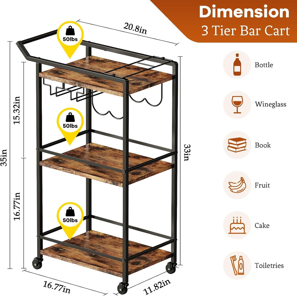 3 Tier Bar Cart Rustic Brown