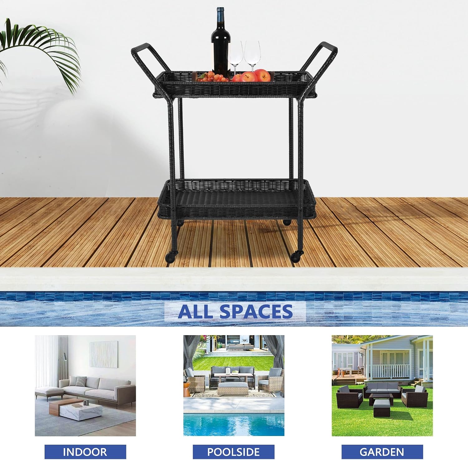 Wicker Patio Serving Cart Black