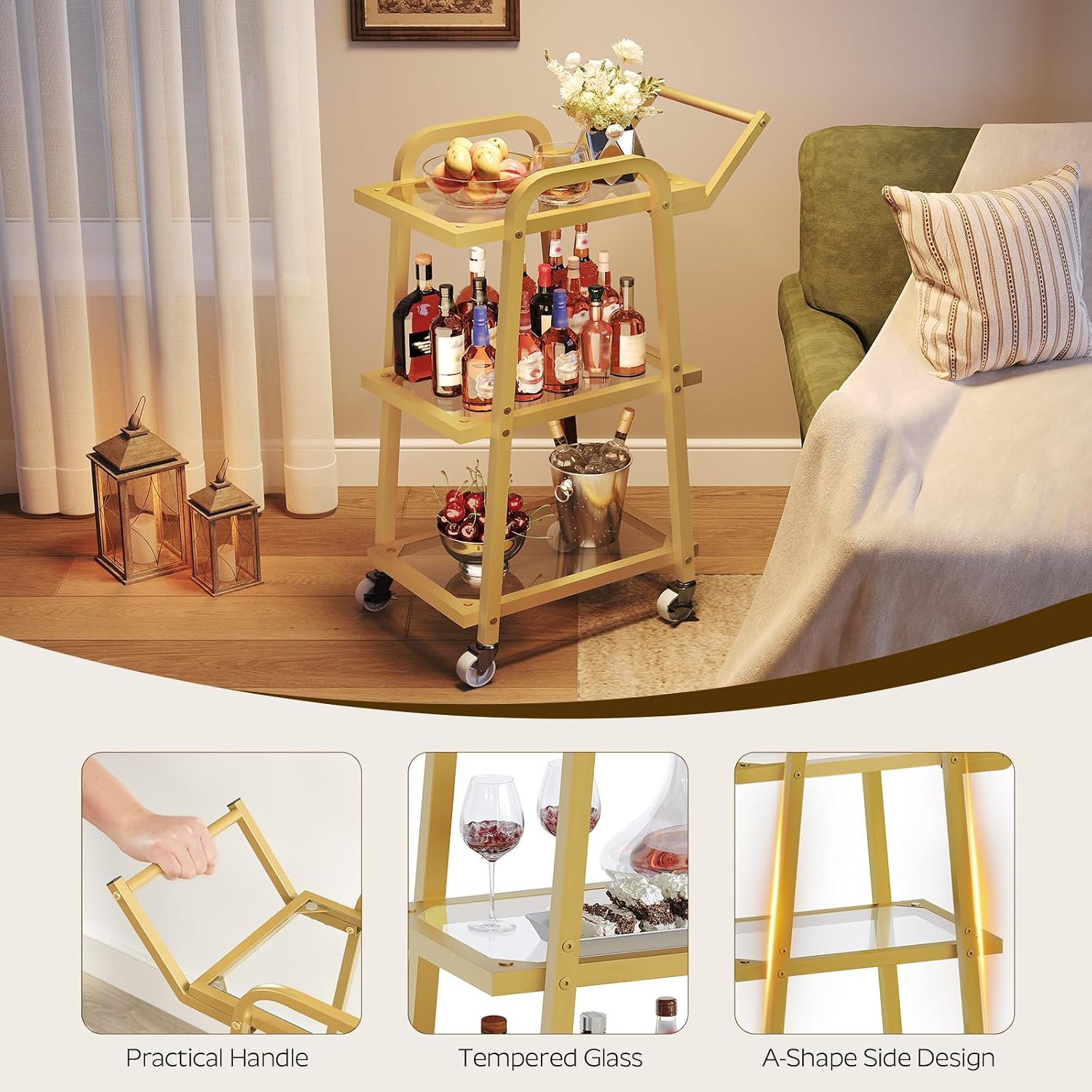 Bar Cart 3‑Tier Serving Cart