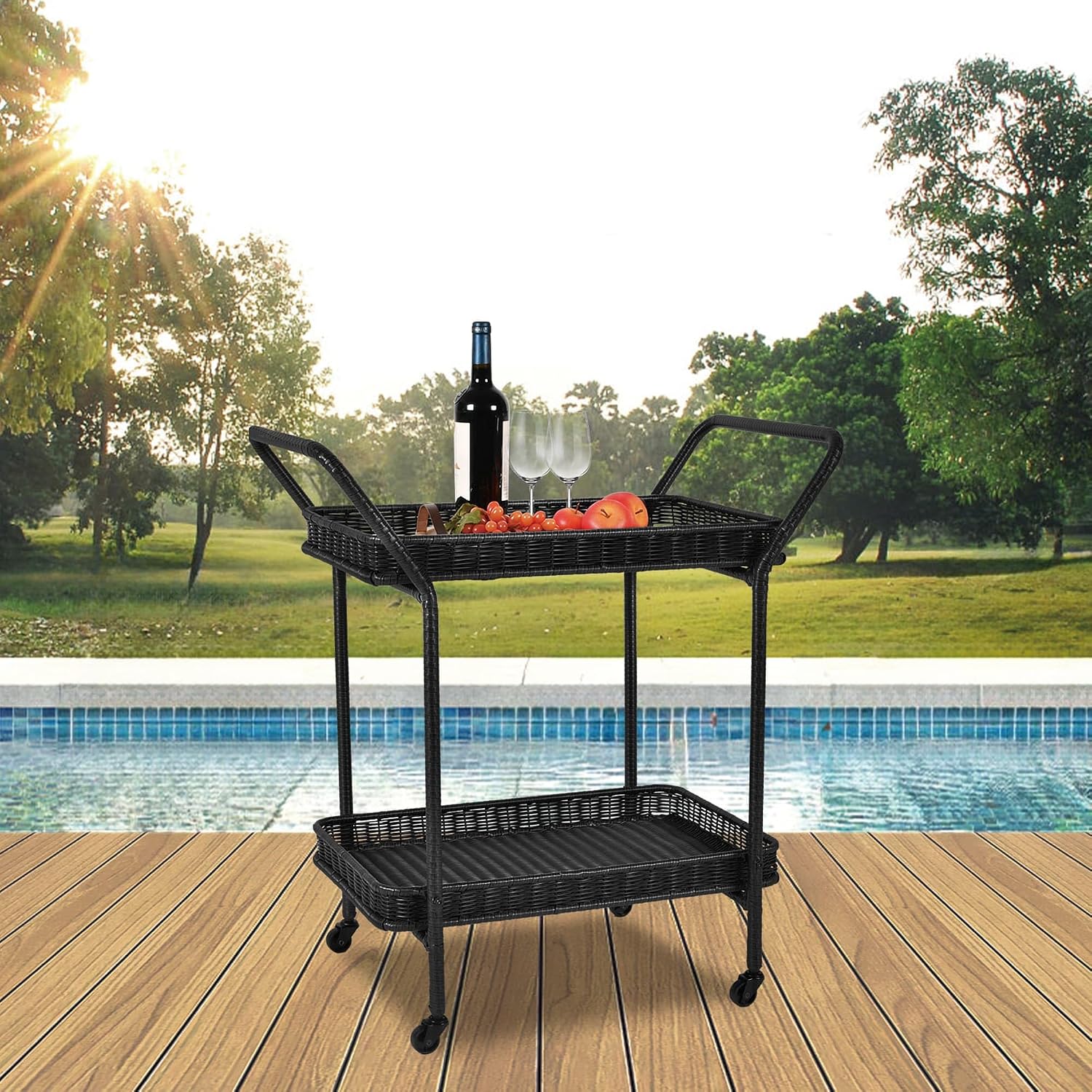 Wicker Patio Serving Cart Black